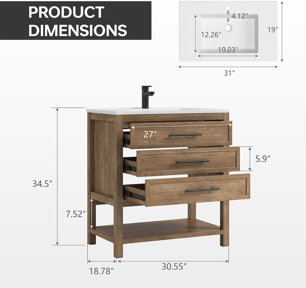 30 Inch Bathroom Vanity with Sink, Rustic Brown
