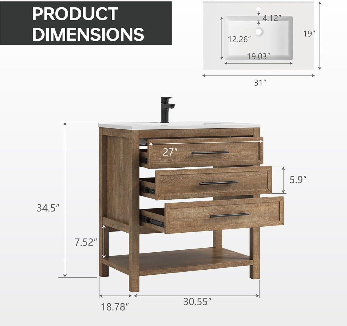 30 Inch Bathroom Vanity with Sink, Rustic Brown