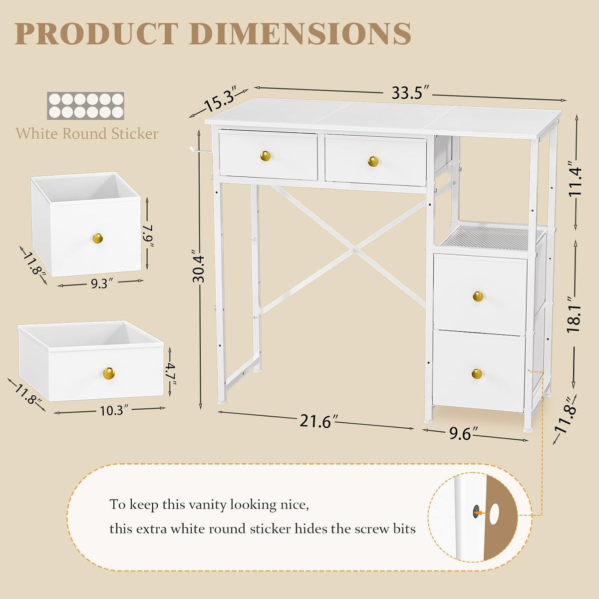 33.5" White Vanity Desk,4 Fabric Drawers,No Mirror