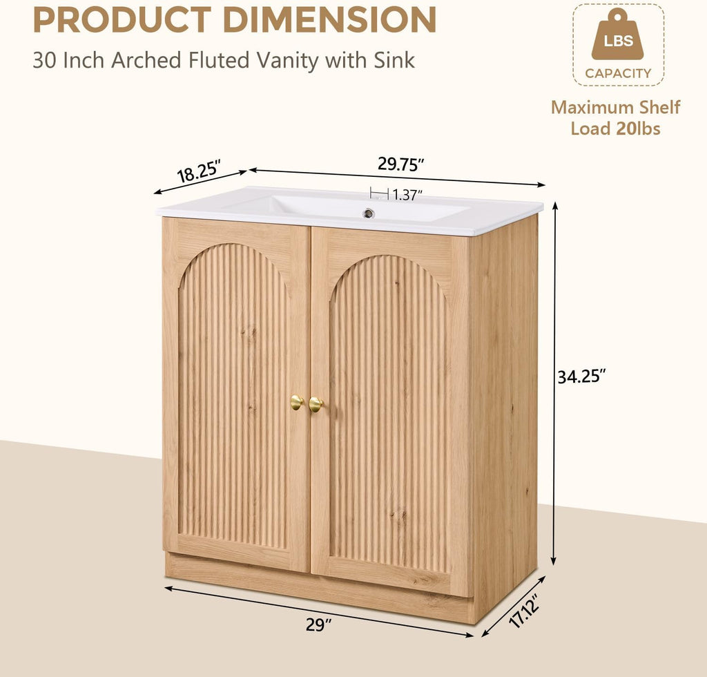 30" Natural Oak Arched Fluted Bathroom Vanity with Sink