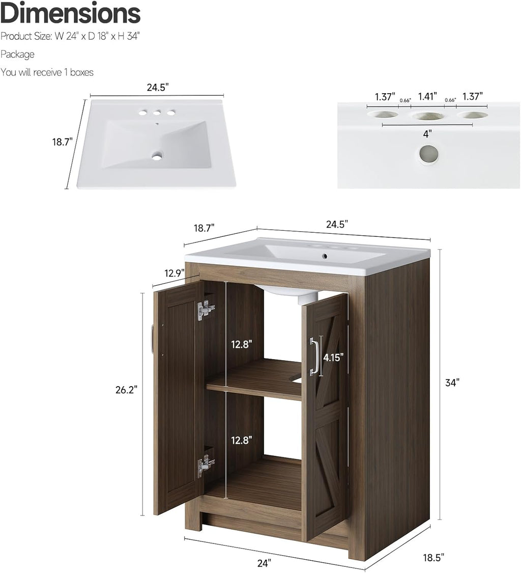 24" Walnut Farmhouse Bathroom Vanity with Ceramic Sink