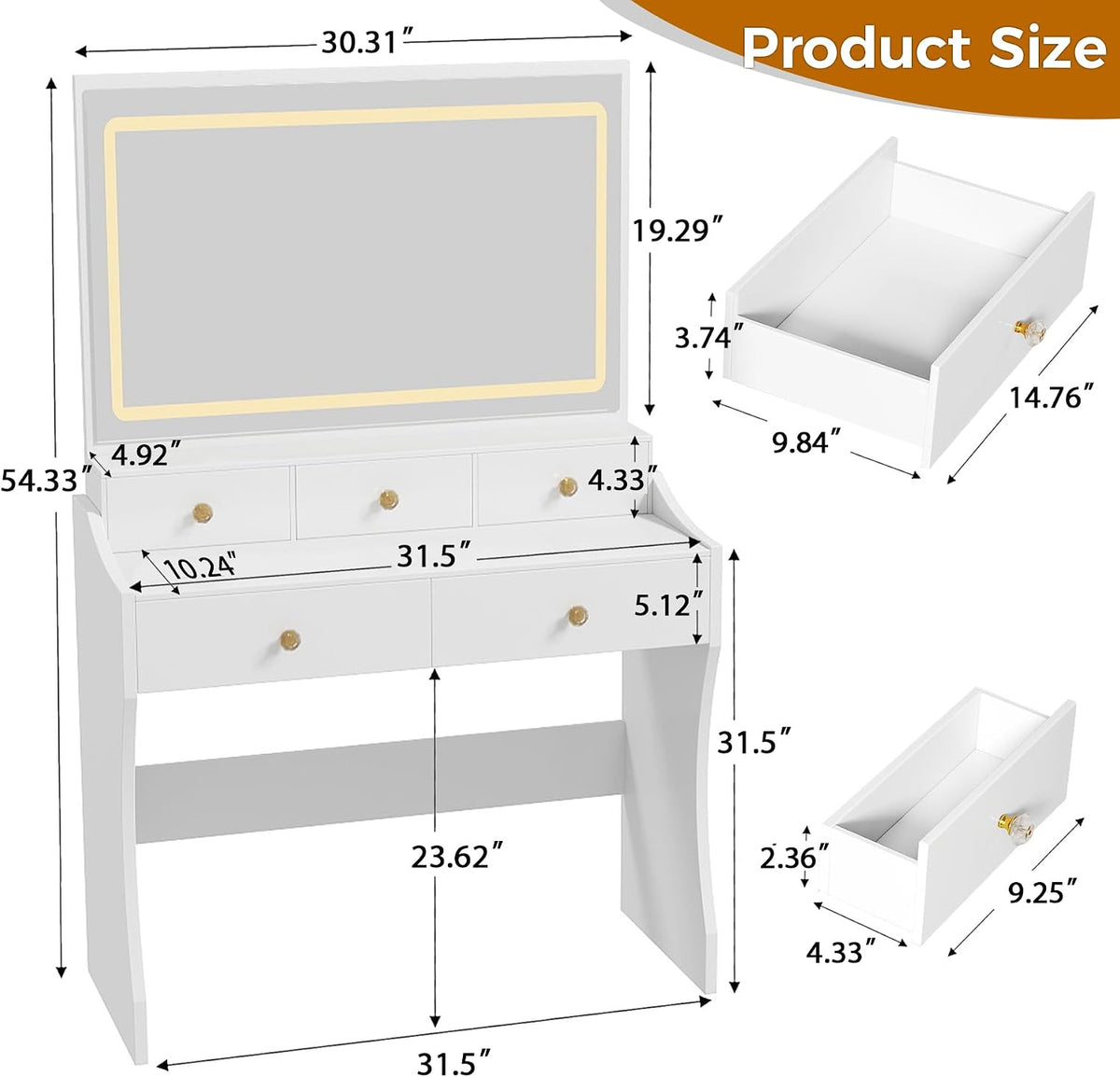 White LED Vanity Desk, 5 Drawers, Power Outlet