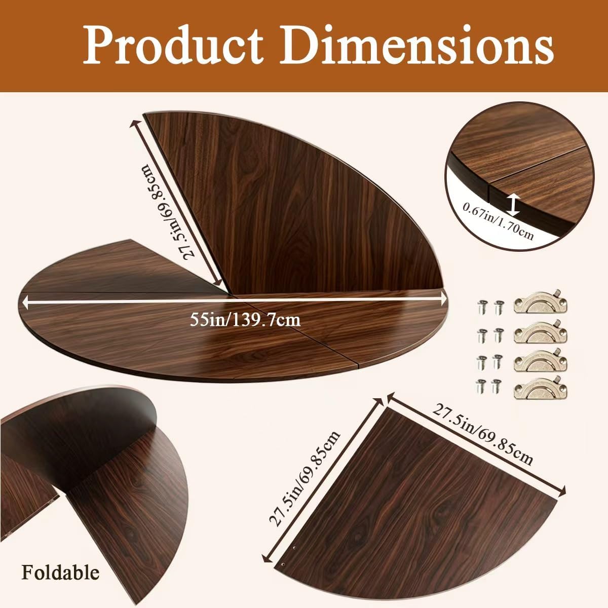 55" Walnut Foldable Round Table Top, No Legs