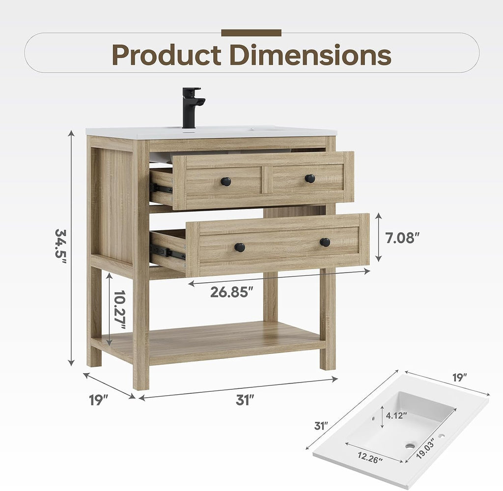 30" Bathroom Vanity with Sink, Light Oak