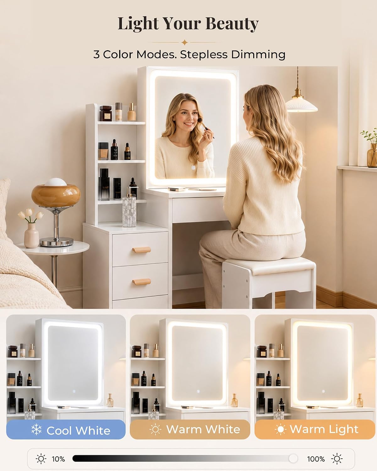 31.5" Lighted Vanity Desk,4 Drawers,Stool