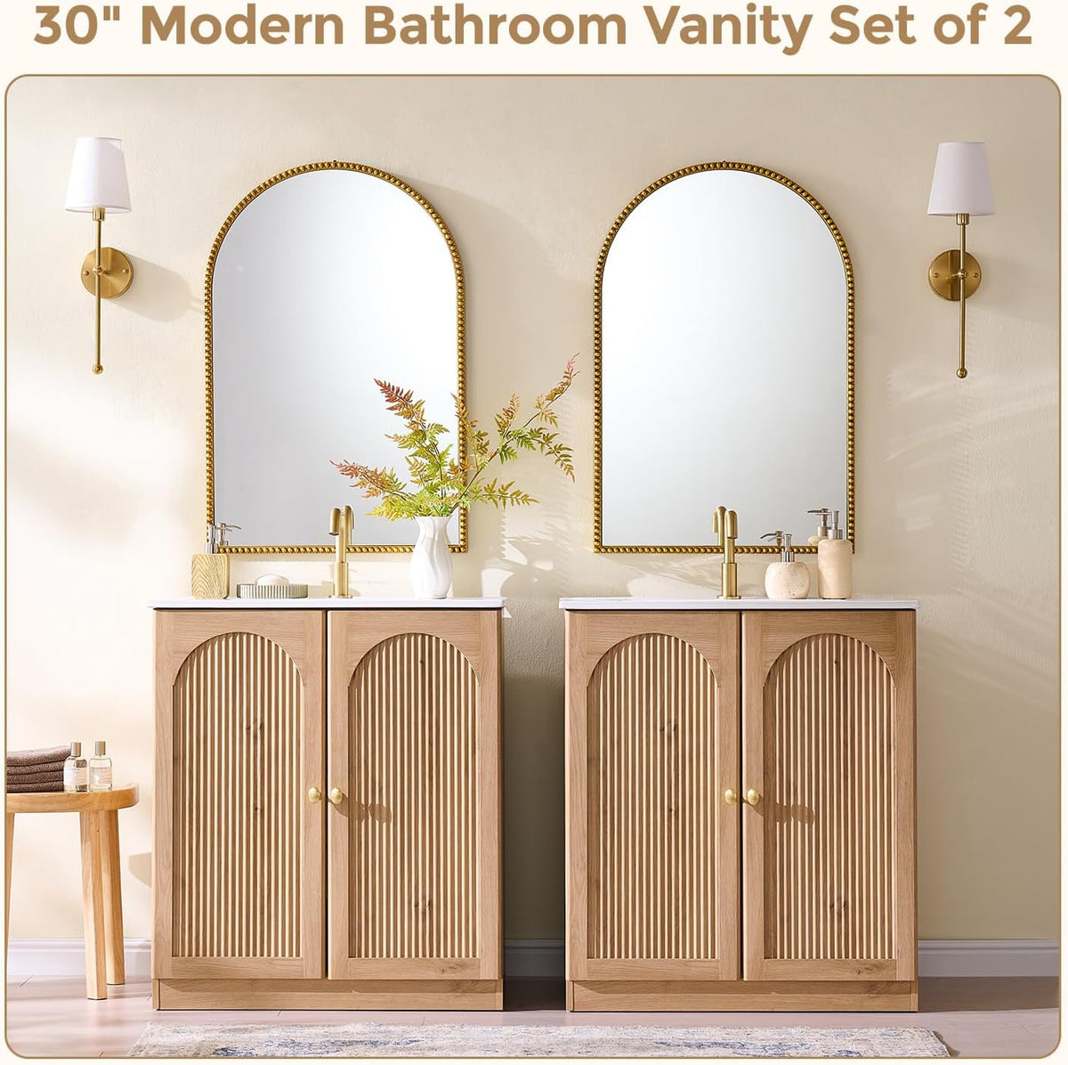 30" Natural Oak Arched Fluted Bathroom Vanity with Sink