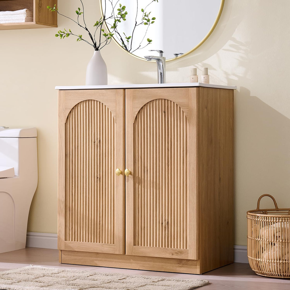 30" Natural Oak Arched Fluted Bathroom Vanity with Sink