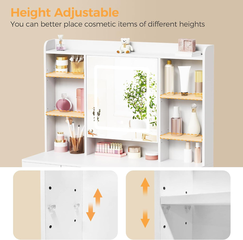 Vanity Desk, Jewelry Storage, Power Outlet & Stool