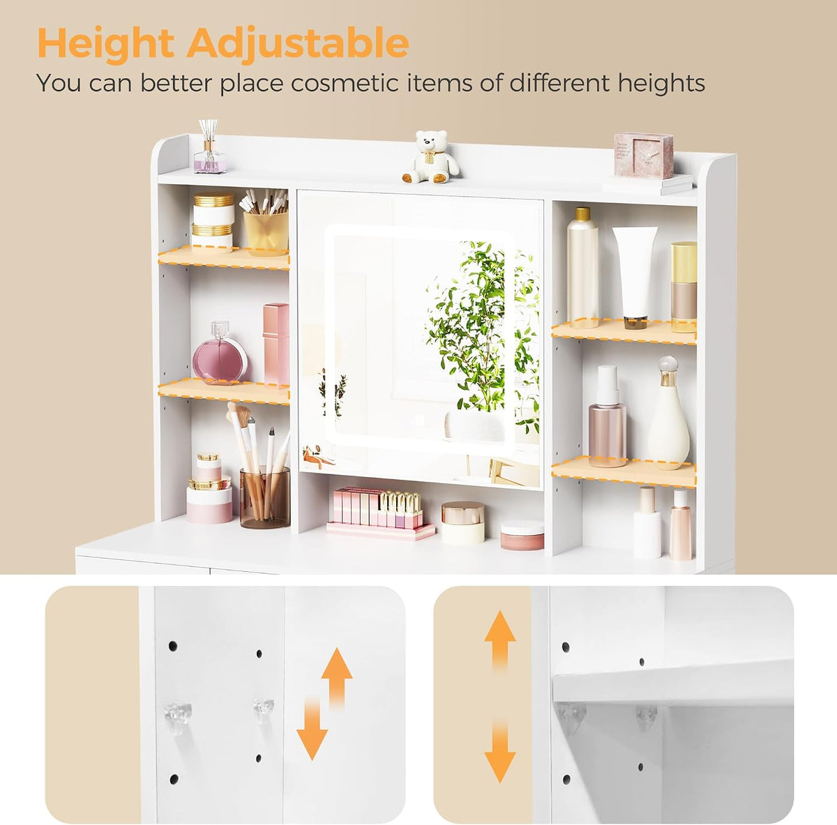 Vanity Desk, Jewelry Storage, Power Outlet & Stool