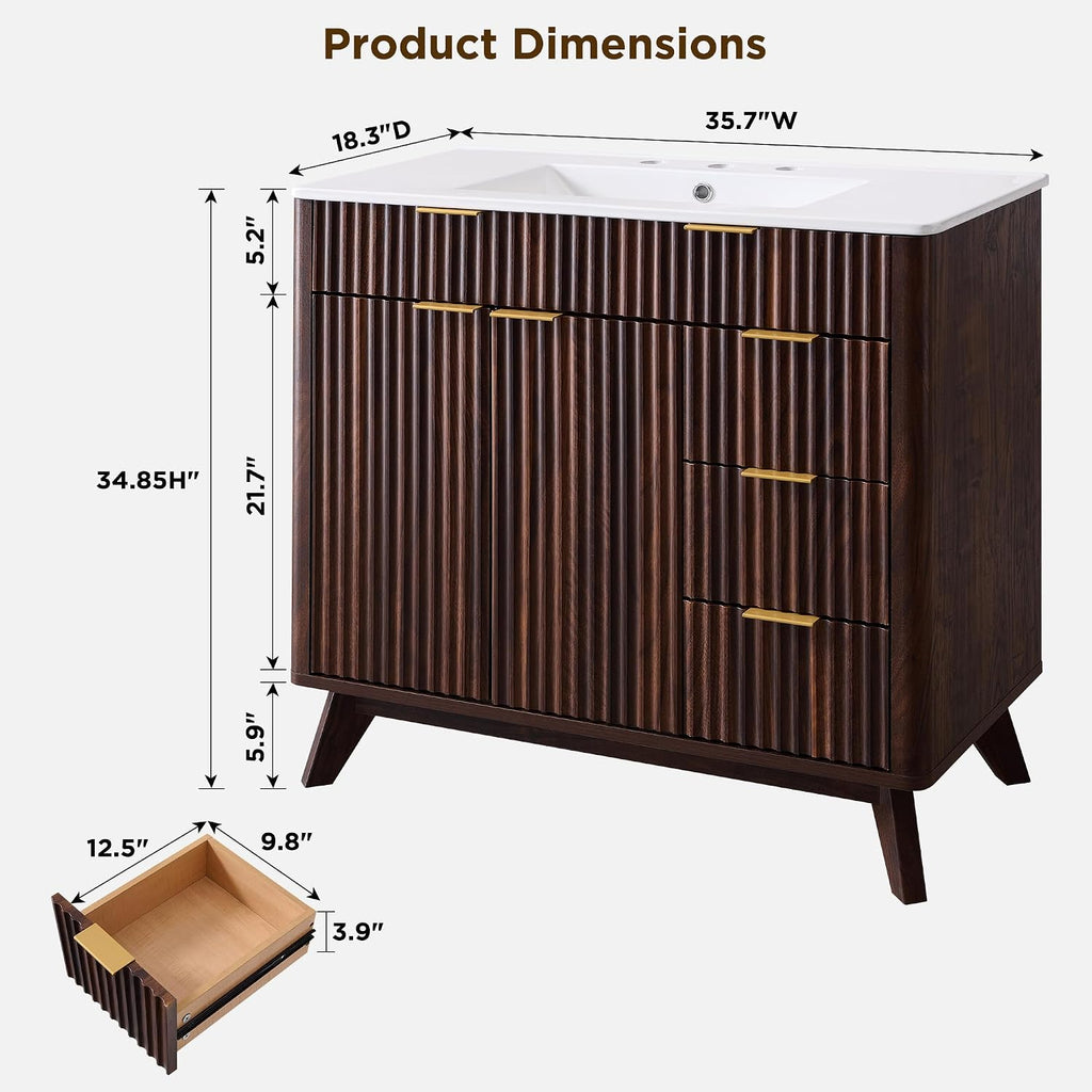 36" Dark Walnut Fluted Bathroom Vanity with Ceramic Sink