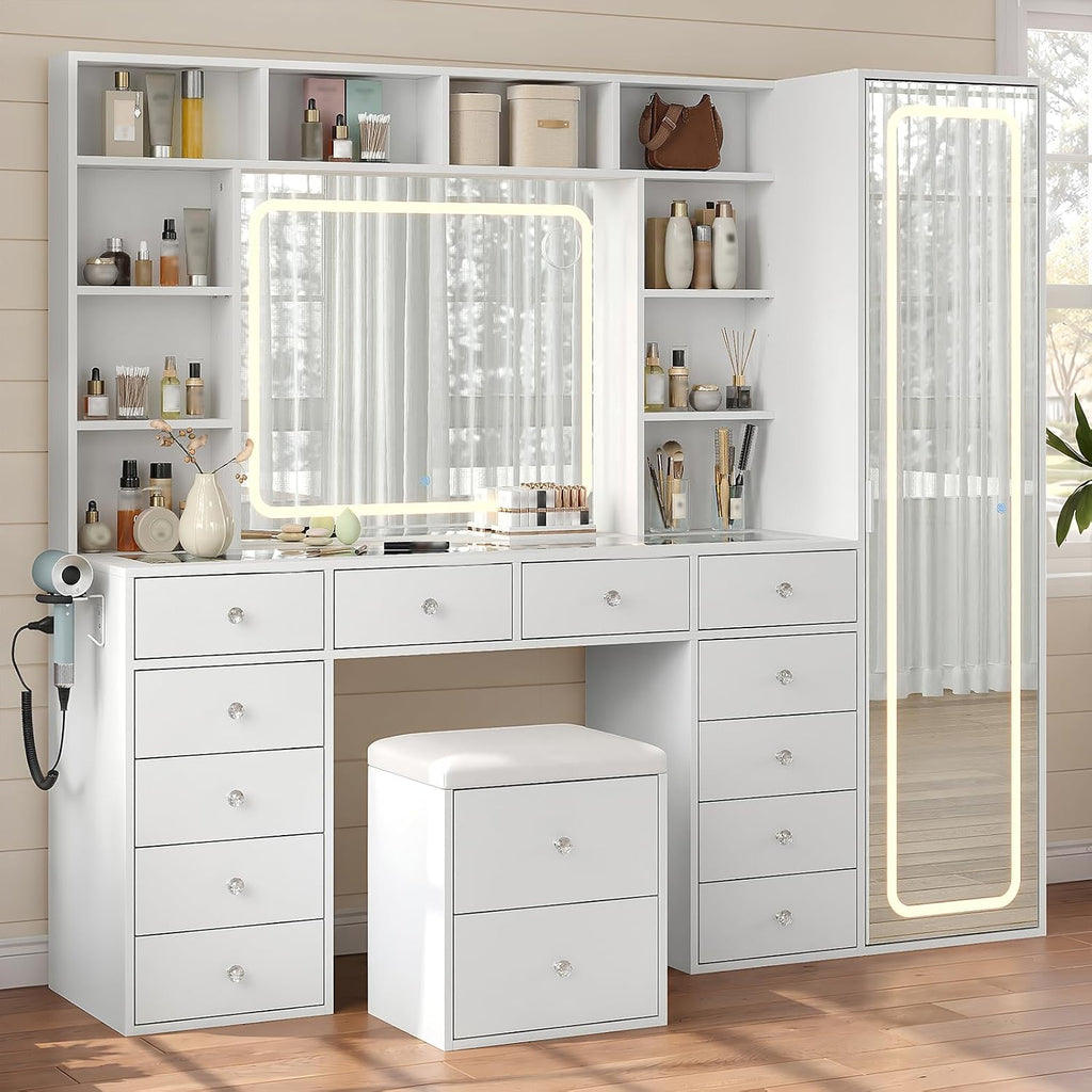 71" White LED Vanity Desk, Hidden Cabinet
