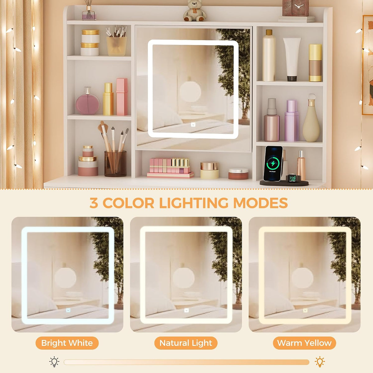 Vanity Desk, Jewelry Storage, Power Outlet & Stool