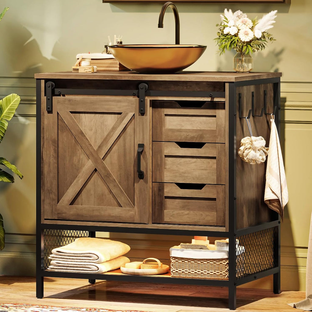 30" Rustic Brown Farmhouse Vanity with Vessel Sink