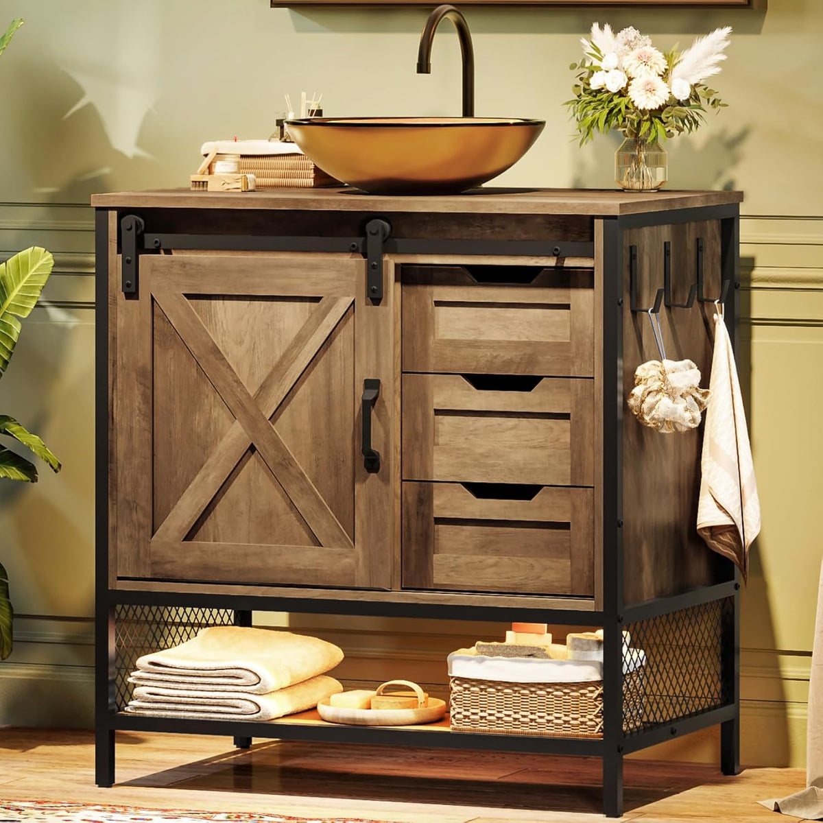 30" Rustic Brown Farmhouse Vanity with Vessel Sink