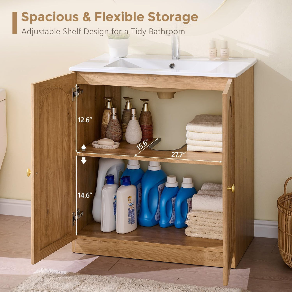 30" Natural Oak Arched Fluted Bathroom Vanity with Sink