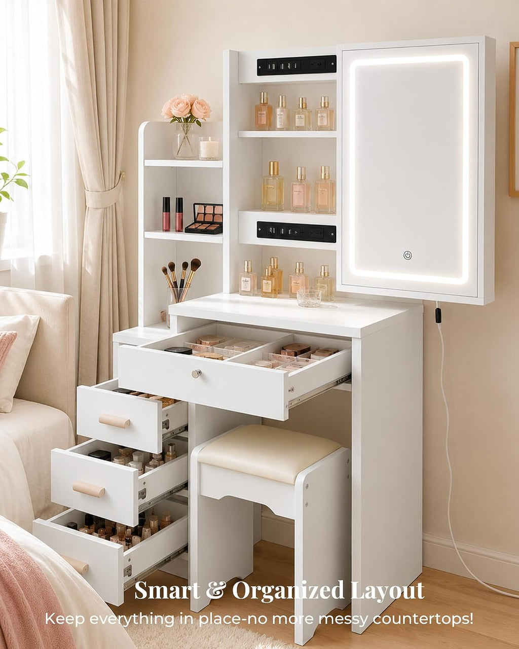 31.5" Lighted Vanity Desk,4 Drawers,Stool