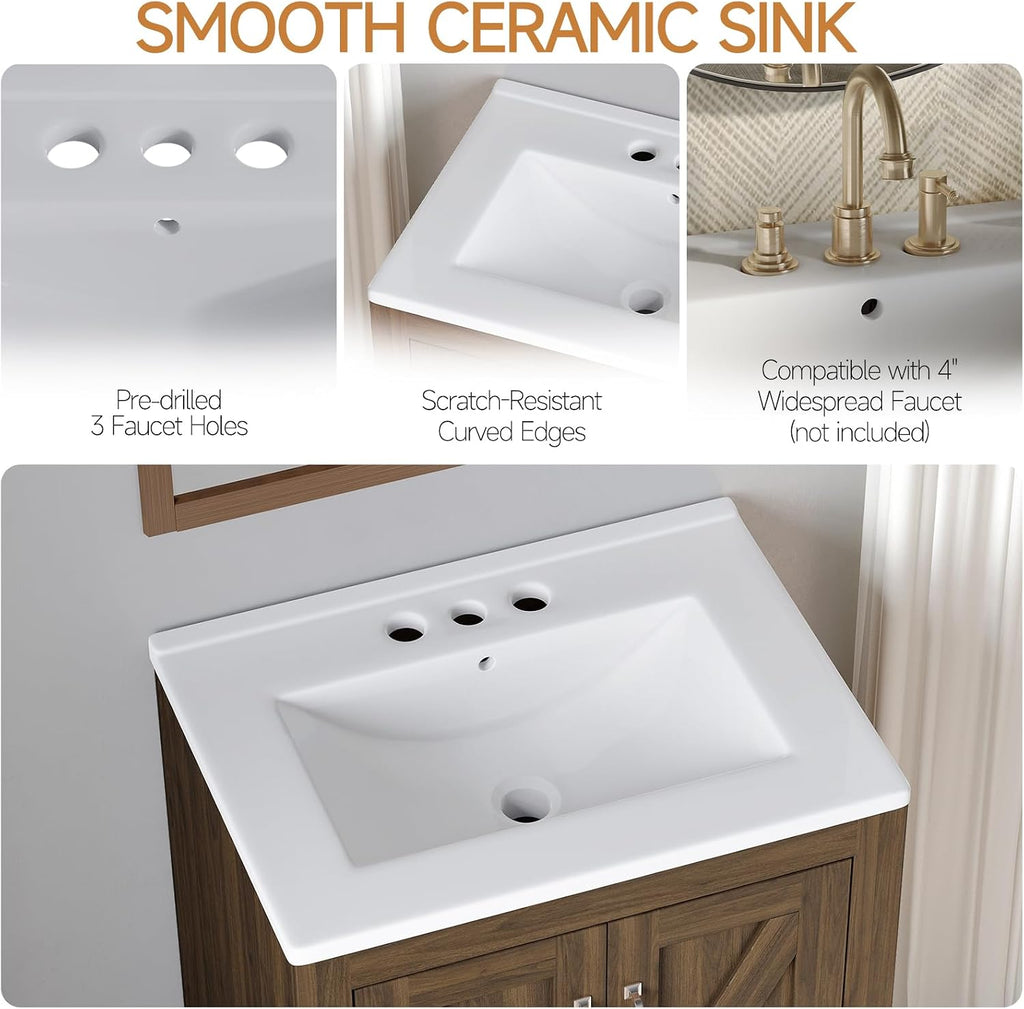 24" Walnut Farmhouse Bathroom Vanity with Ceramic Sink