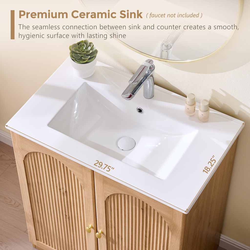 30" Natural Oak Arched Fluted Bathroom Vanity with Sink