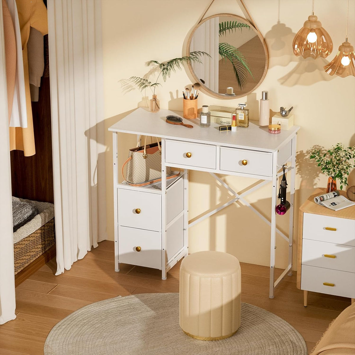 33.5" White Vanity Desk,4 Fabric Drawers,No Mirror