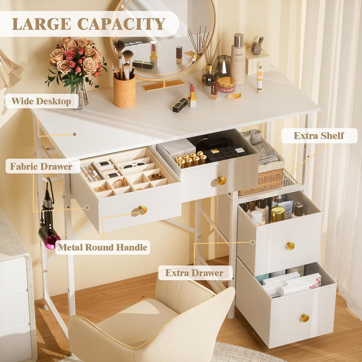 33.5" White Vanity Desk,4 Fabric Drawers,No Mirror
