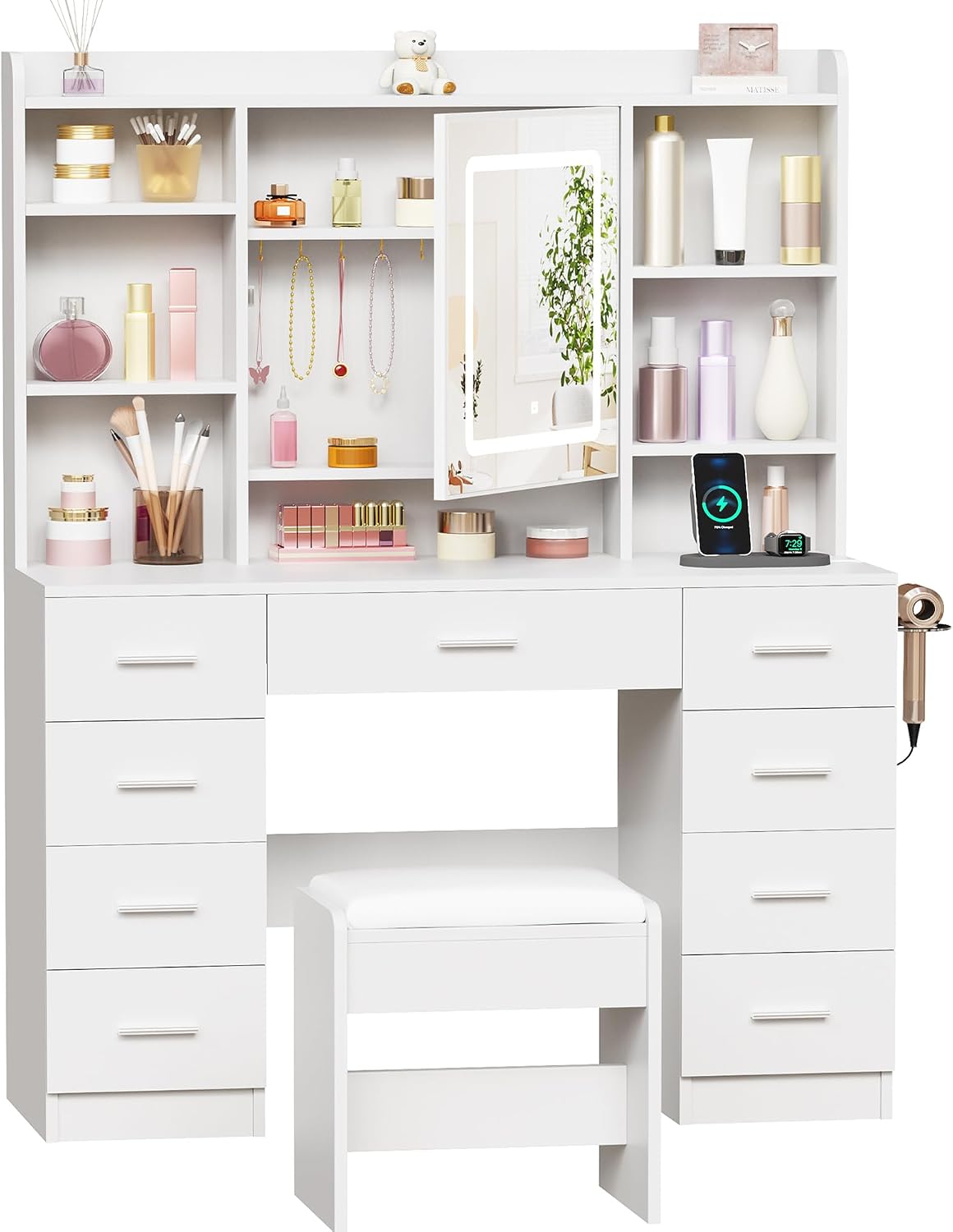 Vanity Desk, Jewelry Storage, Power Outlet & Stool