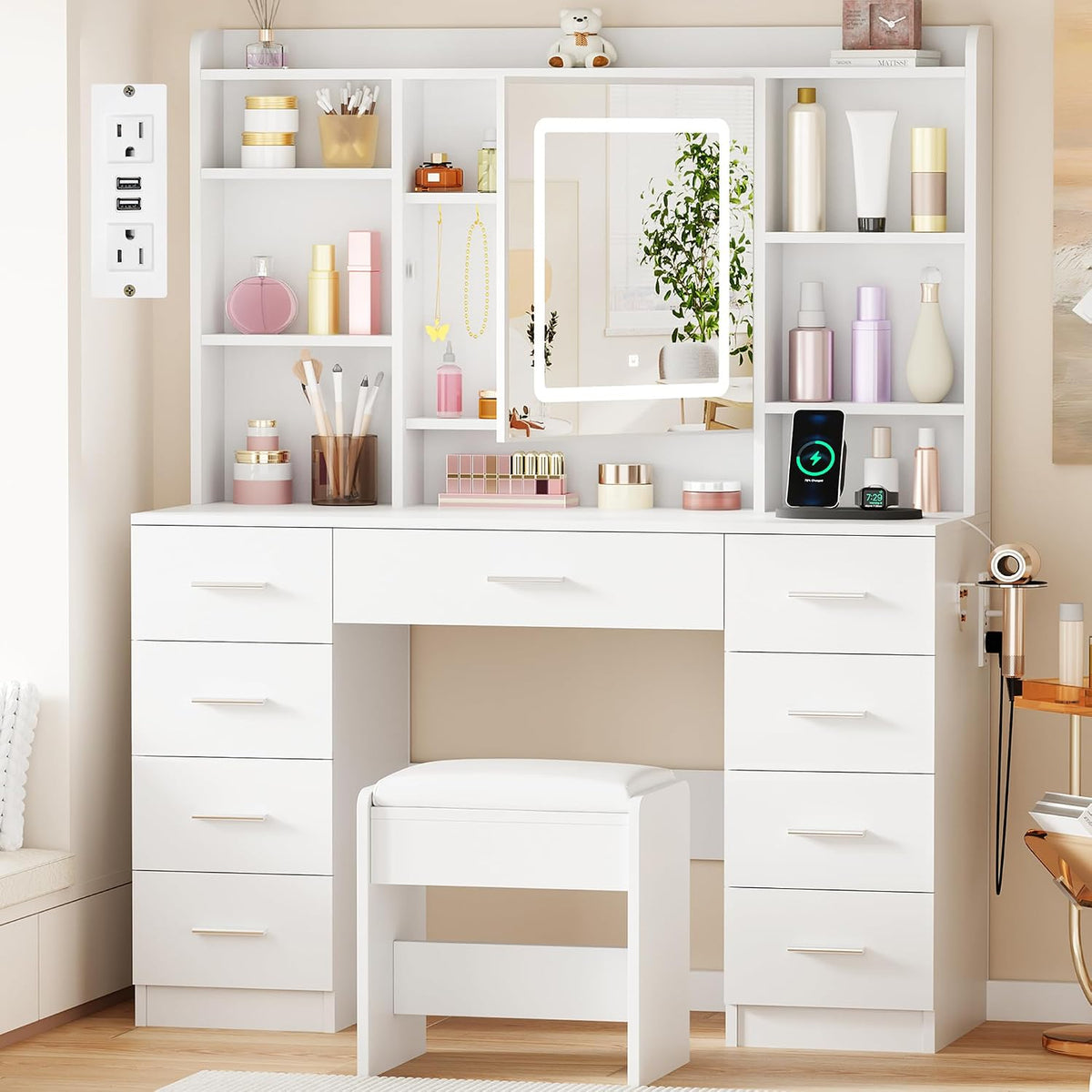 Vanity Desk, Jewelry Storage, Power Outlet & Stool