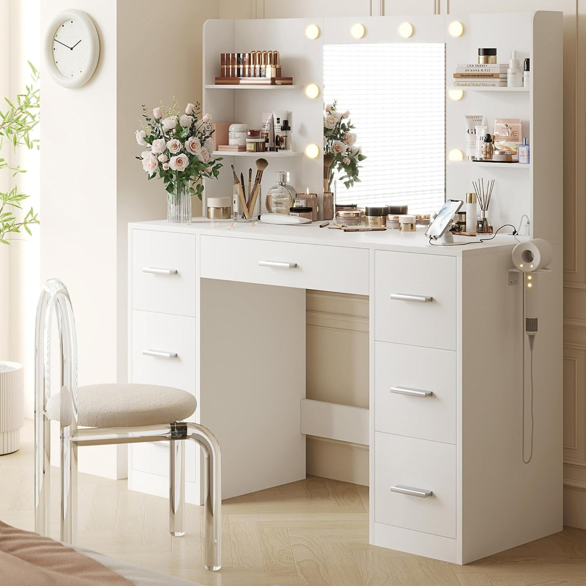 White Lighted Vanity Desk,7 Drawers, Power Outlet