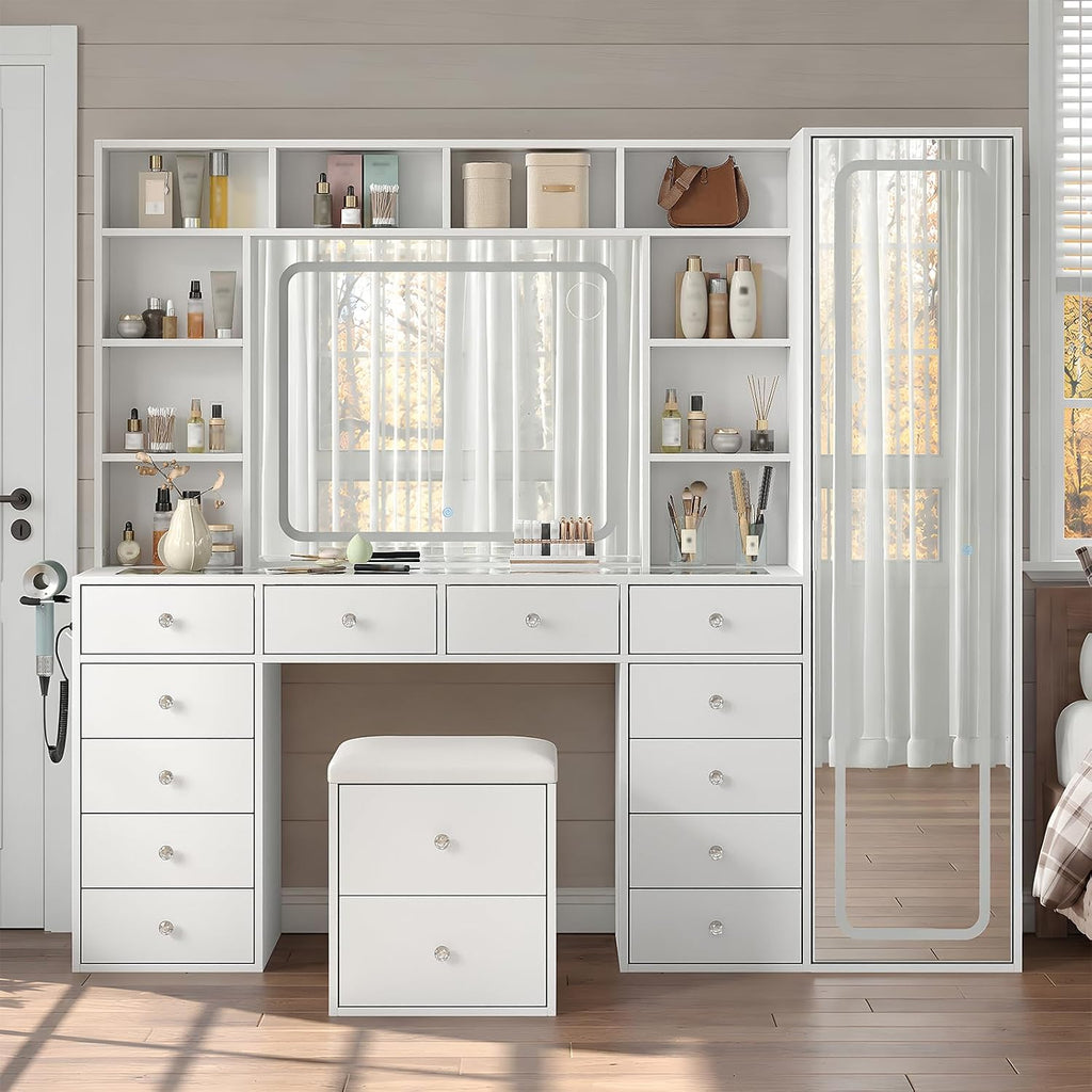 71" White LED Vanity Desk, Hidden Cabinet