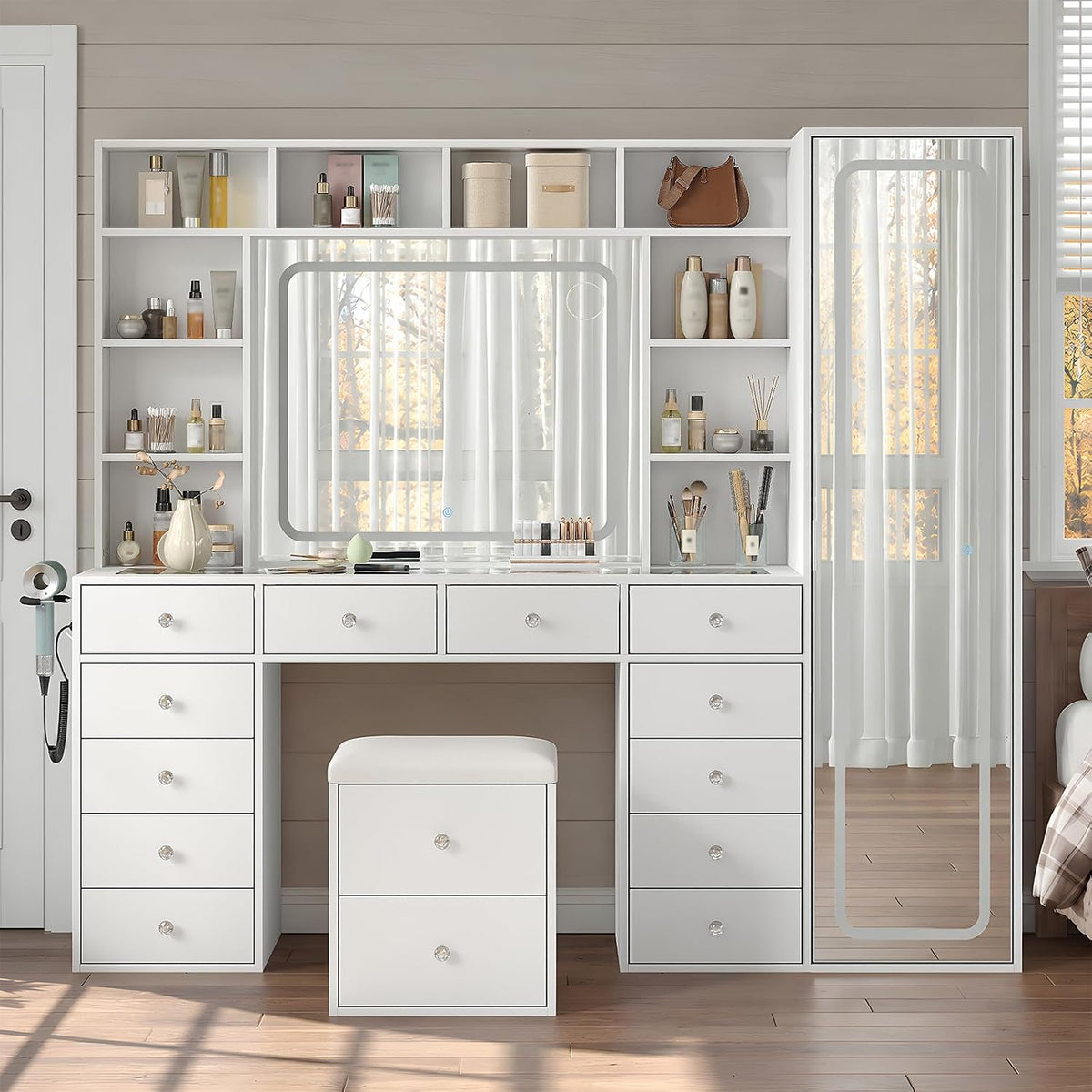 71" White LED Vanity Desk, Hidden Cabinet