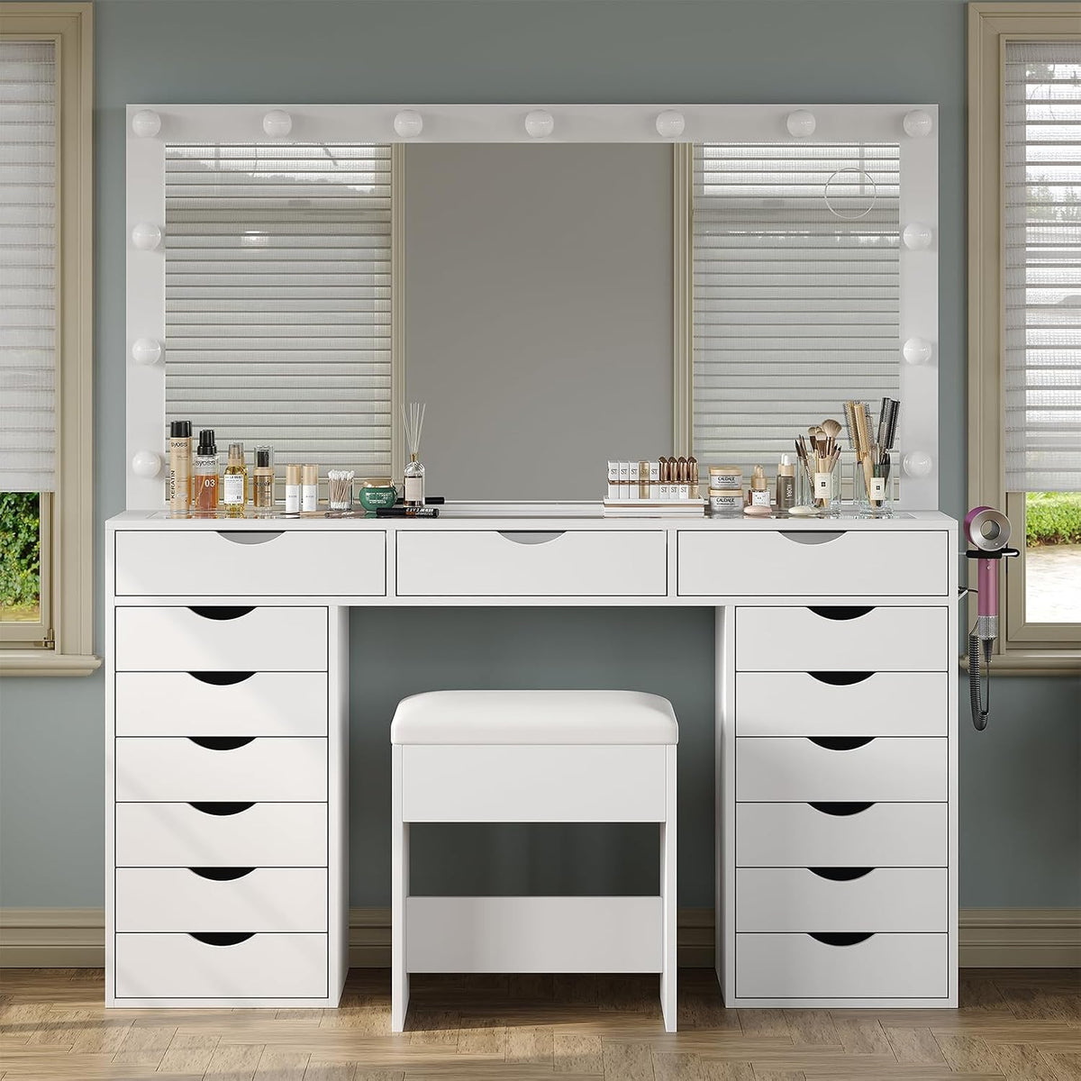 White Lighted Vanity Desk,15 Drawers, Charging Station