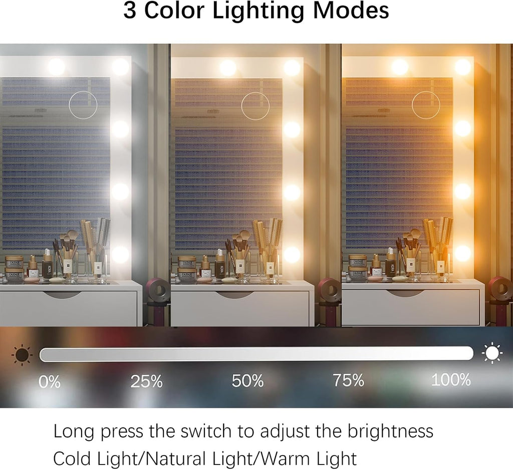 White Lighted Vanity Desk,15 Drawers, Charging Station