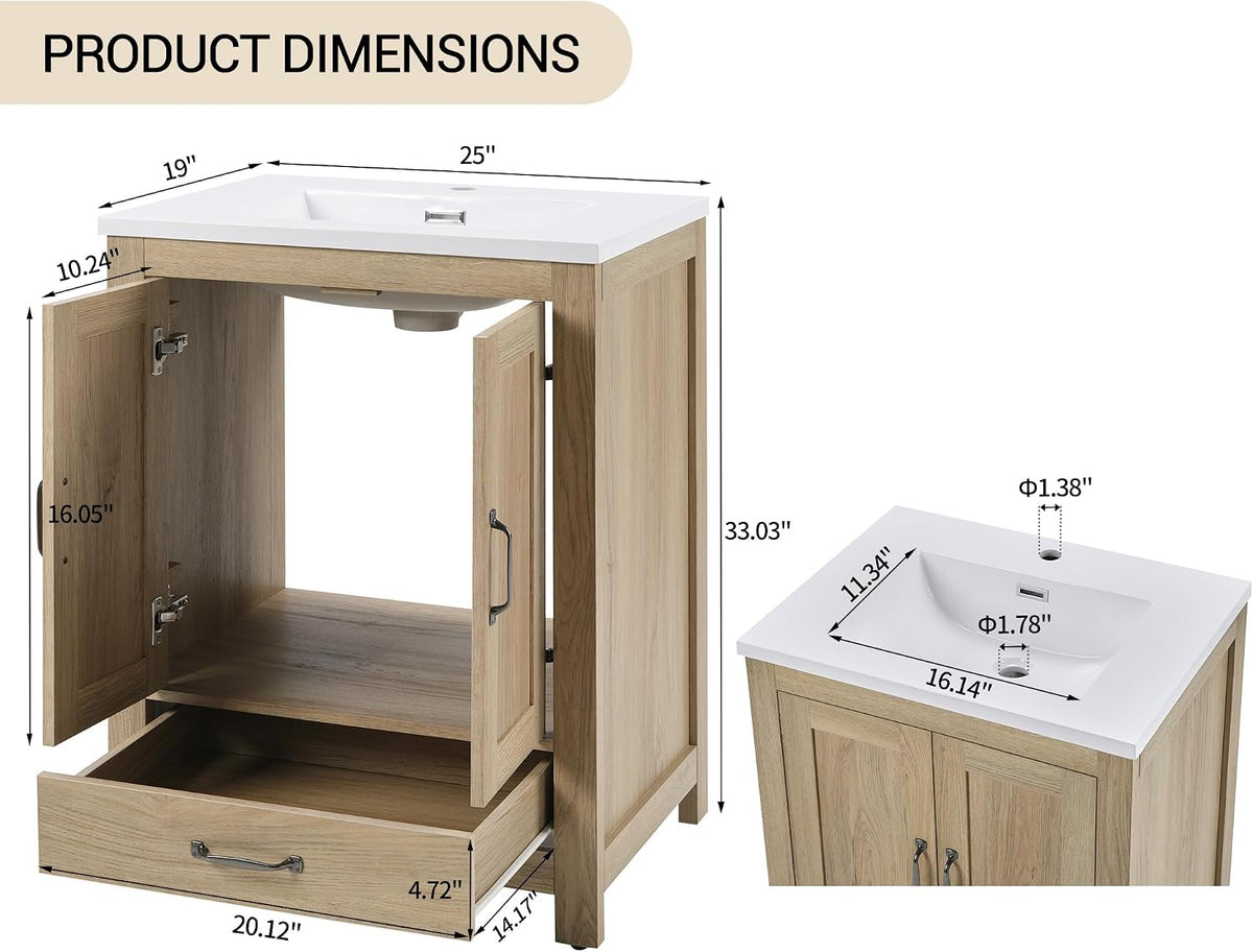 25" Light Oak Farmhouse Bathroom Vanity with Ceramic Sink