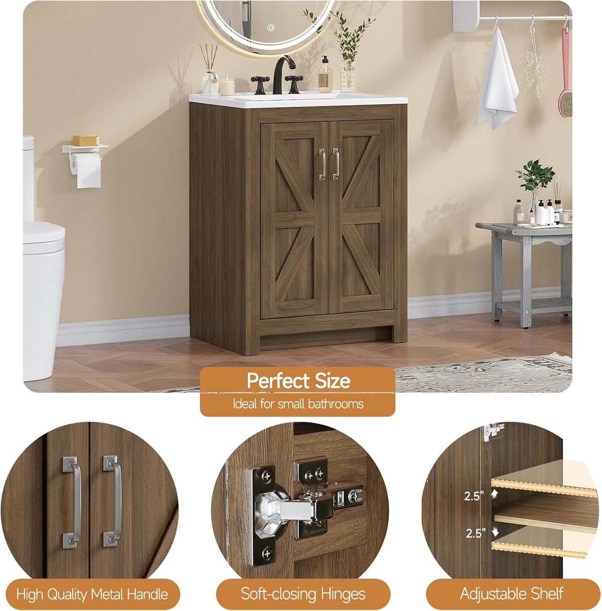 24" Walnut Farmhouse Bathroom Vanity with Ceramic Sink