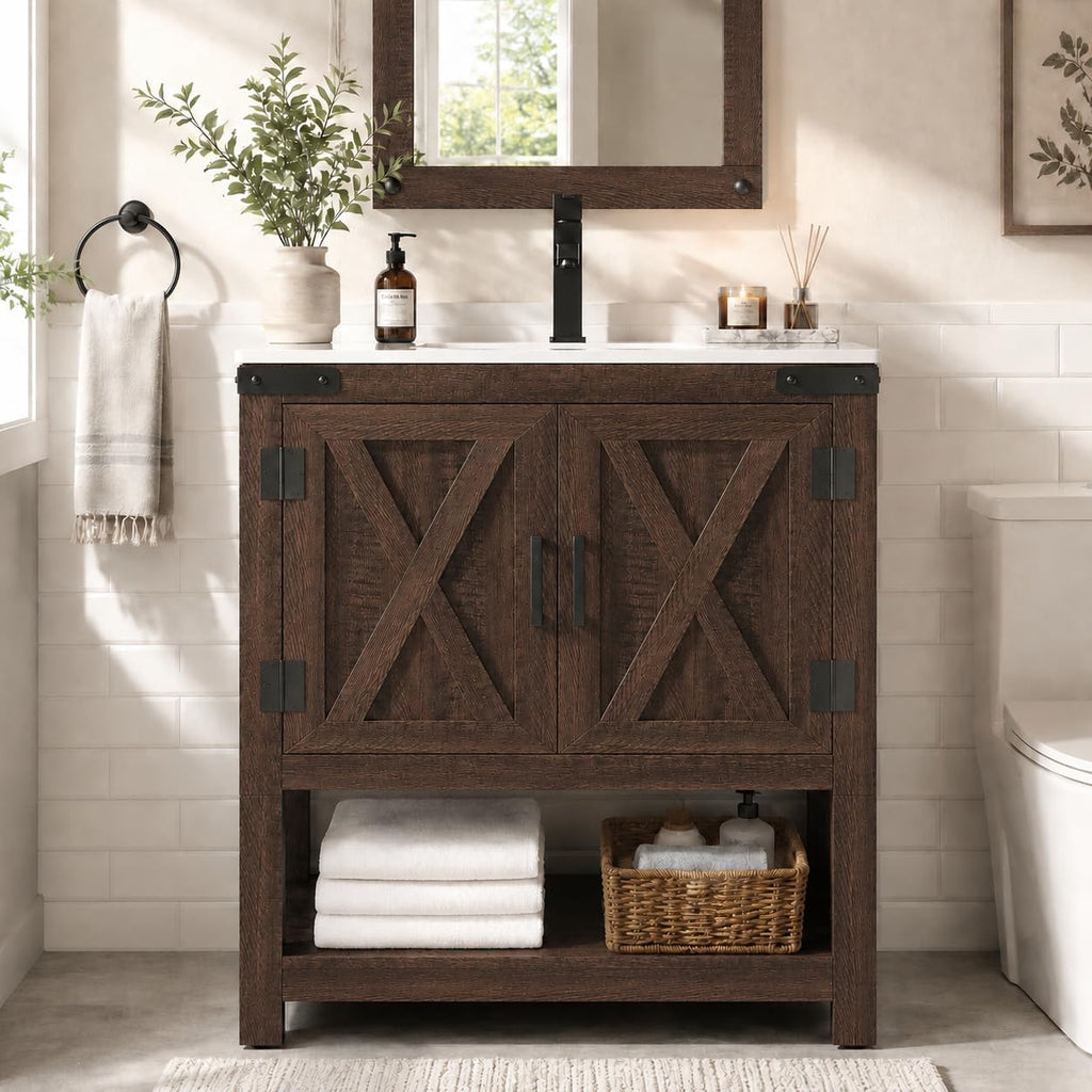 24" Brown Farmhouse Vanity with Sink & Open Shelf