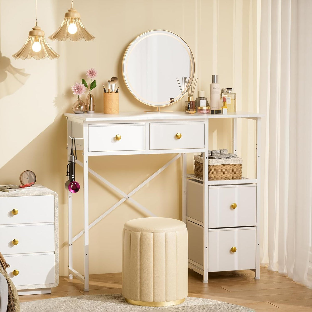 33.5" White Vanity Desk,4 Fabric Drawers,No Mirror