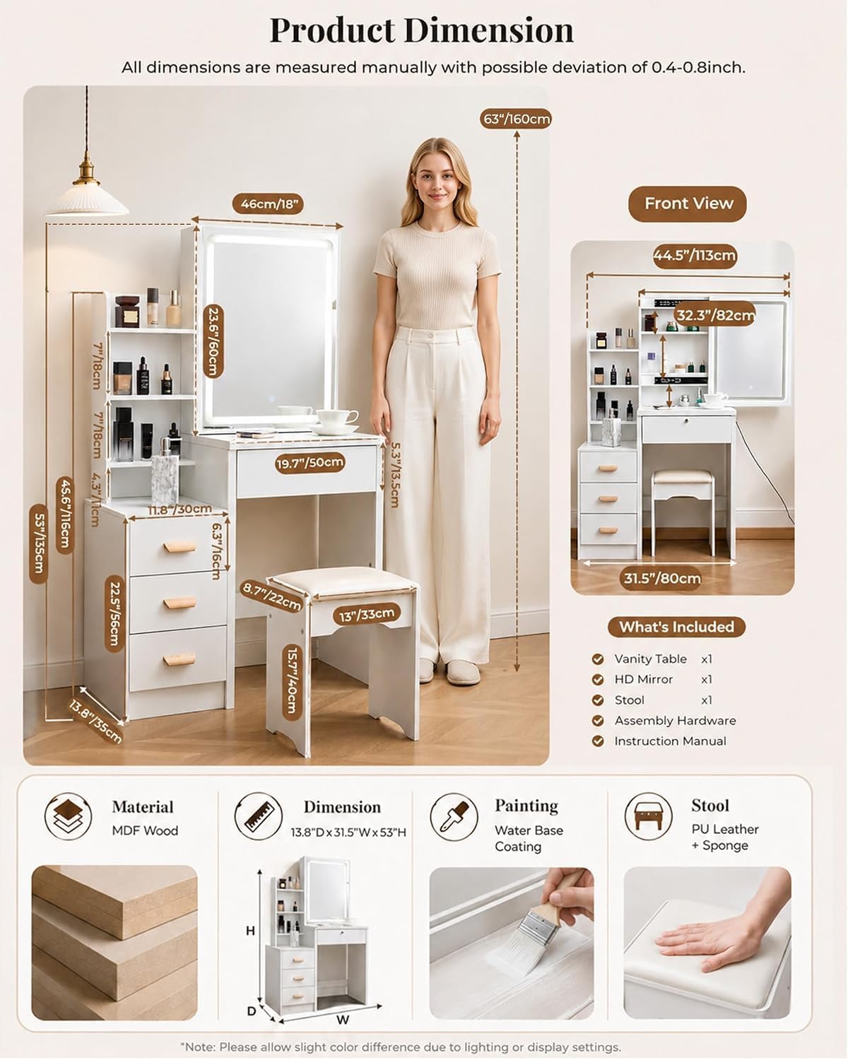 31.5" Lighted Vanity Desk,4 Drawers,Stool