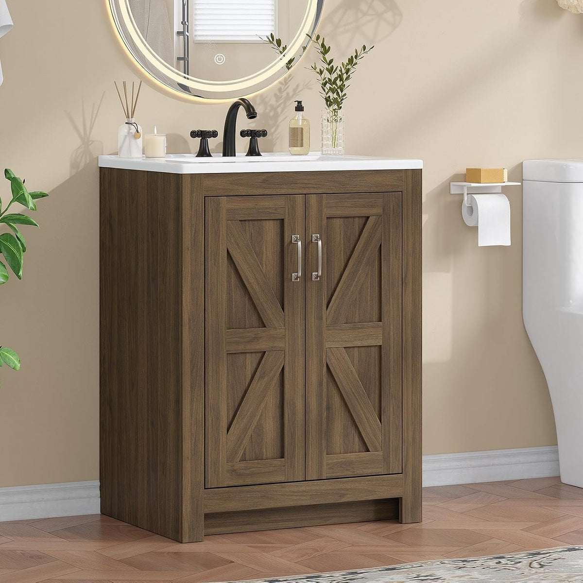 24" Walnut Farmhouse Bathroom Vanity with Ceramic Sink
