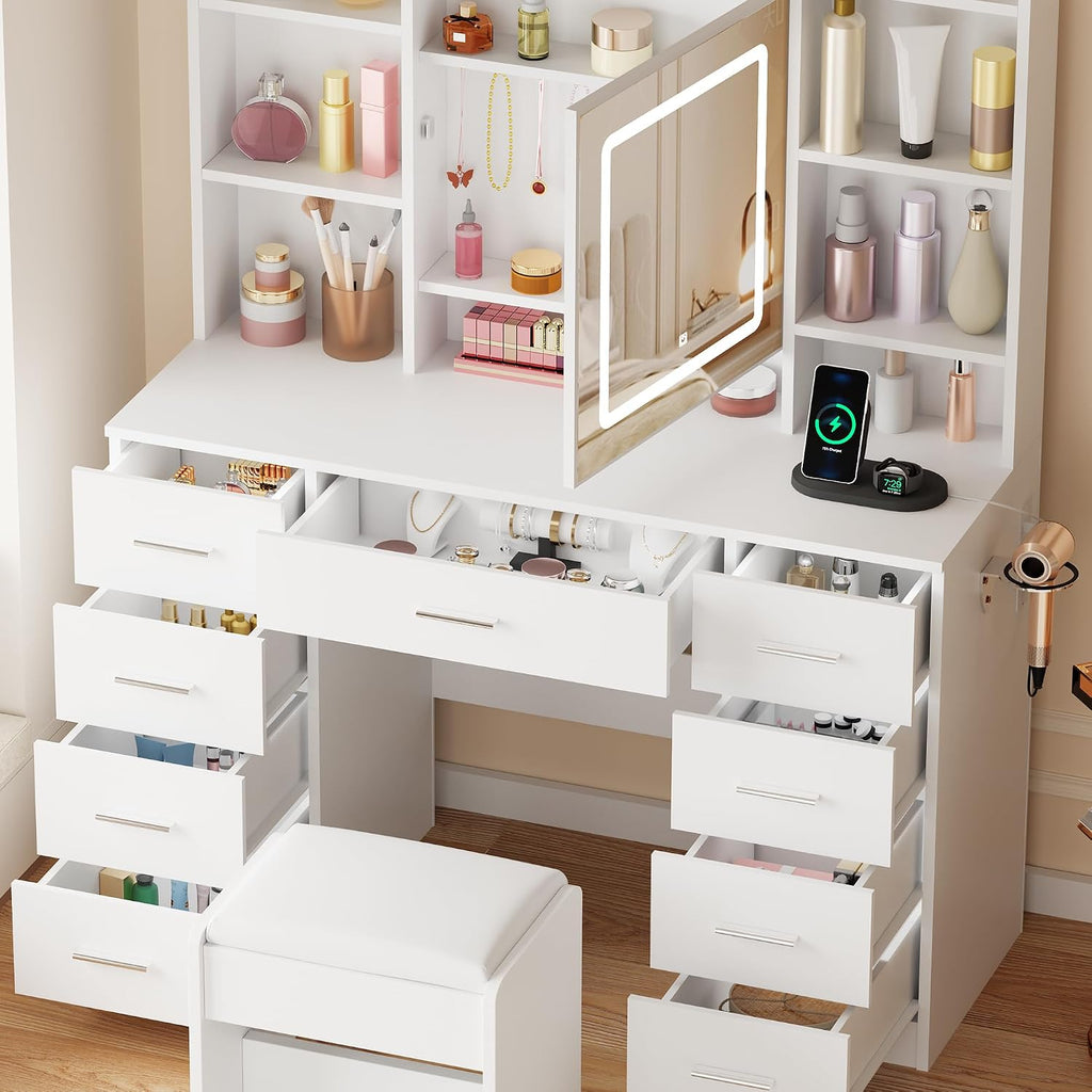 Vanity Desk, Jewelry Storage, Power Outlet & Stool