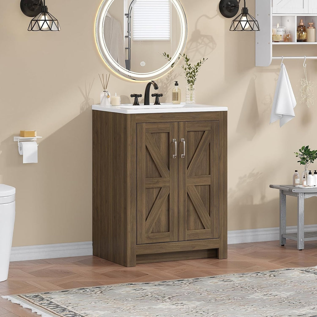 24" Walnut Farmhouse Bathroom Vanity with Ceramic Sink