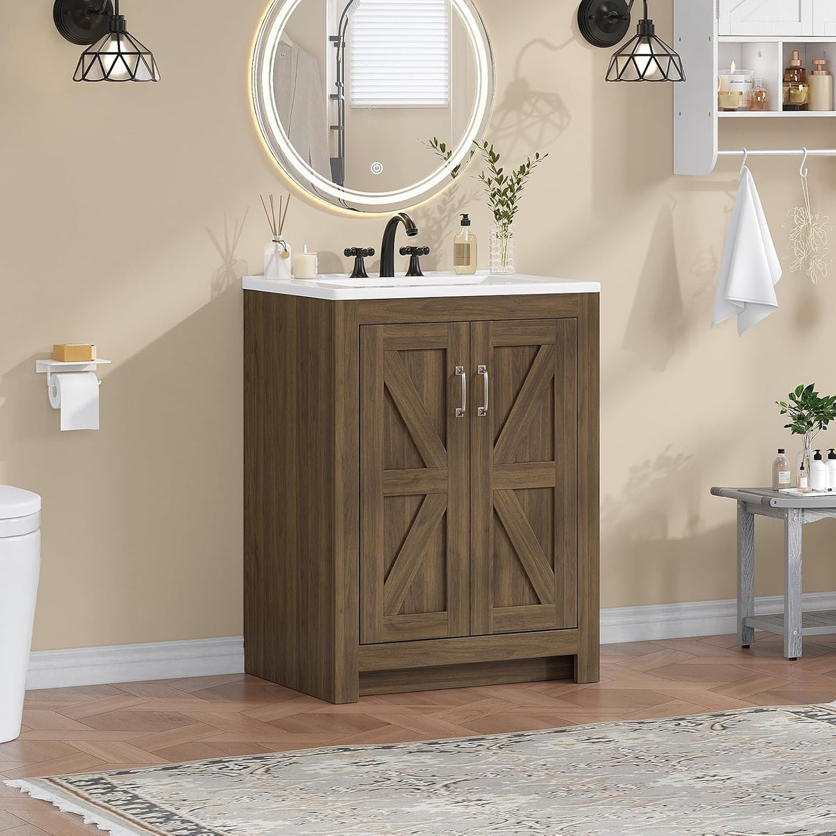 24" Walnut Farmhouse Bathroom Vanity with Ceramic Sink