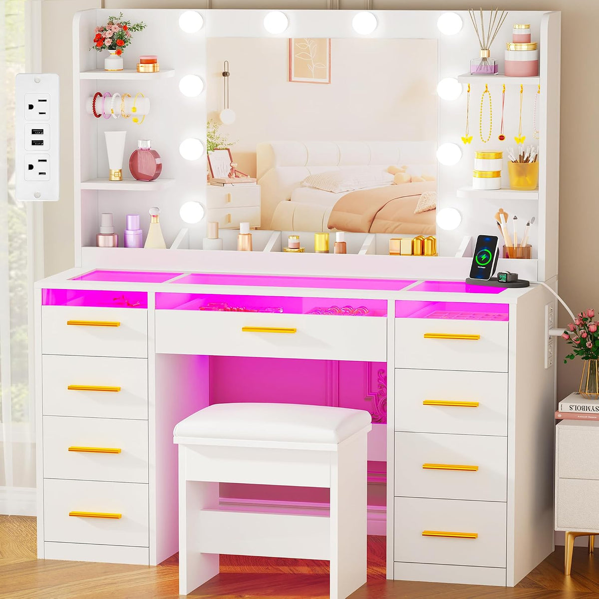 Large Lighted Vanity Desk, Transparent Glass Top