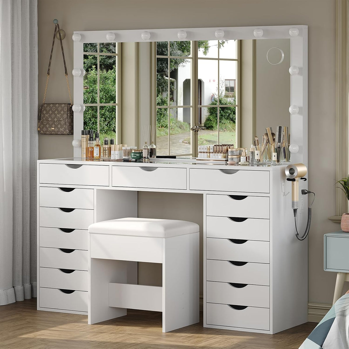White Lighted Vanity Desk,15 Drawers, Charging Station