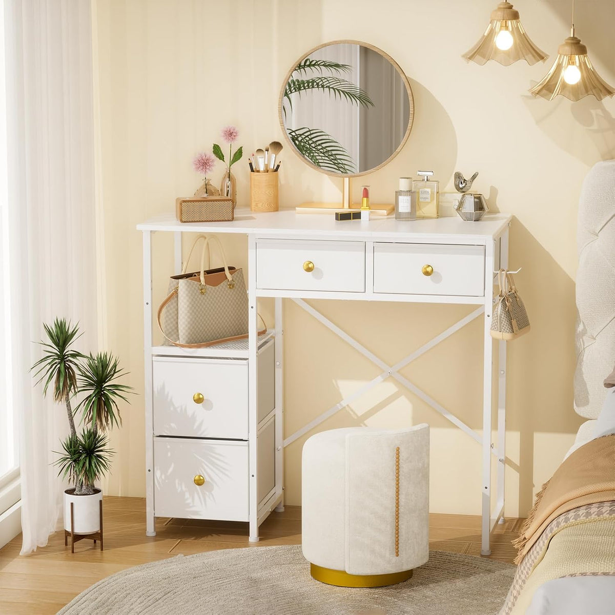 33.5" White Vanity Desk,4 Fabric Drawers,No Mirror
