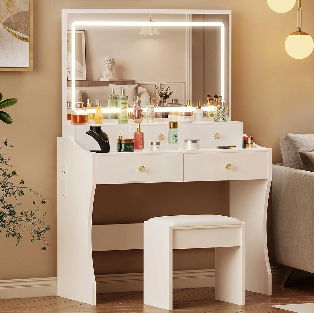 White LED Vanity Desk, 5 Drawers, Power Outlet