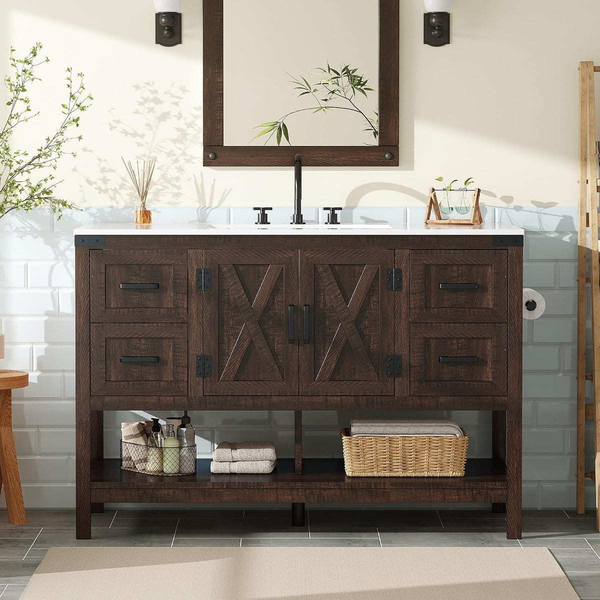 48" Brown Farmhouse Vanity with Solid White Top