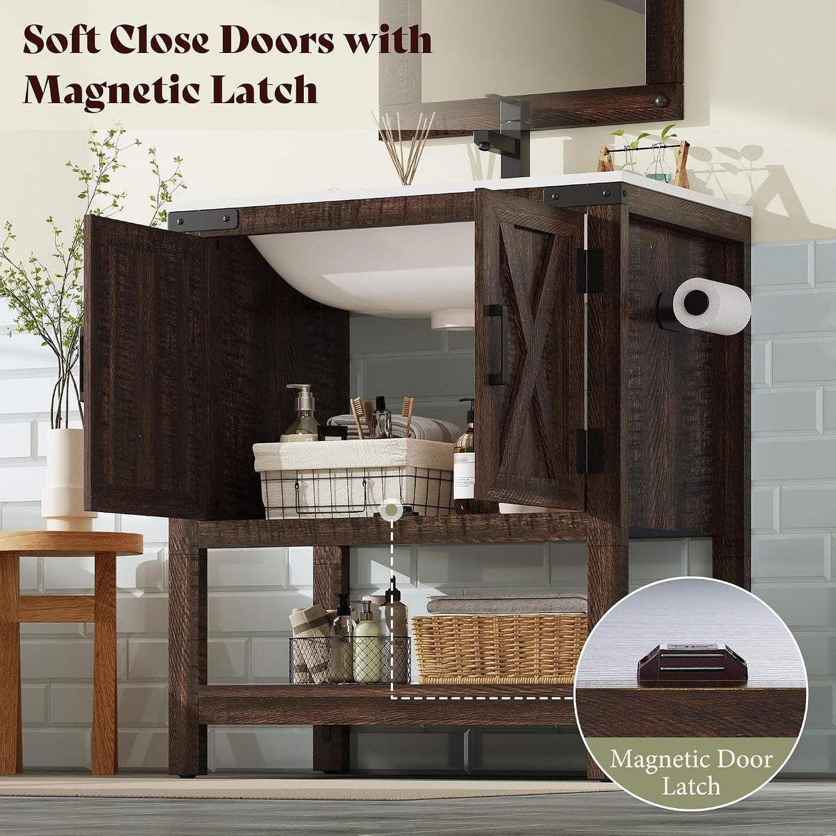 24" Brown Farmhouse Vanity with Sink & Open Shelf