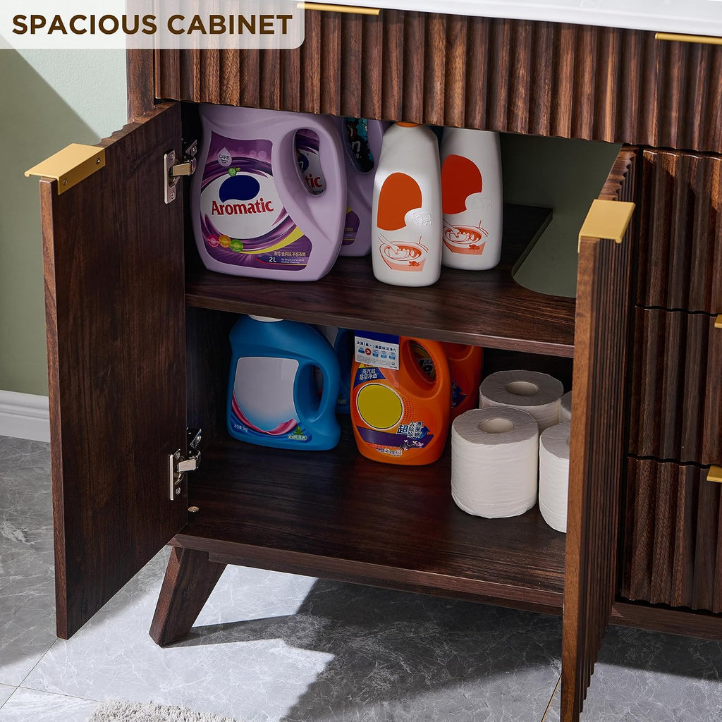 36" Dark Walnut Fluted Bathroom Vanity with Ceramic Sink