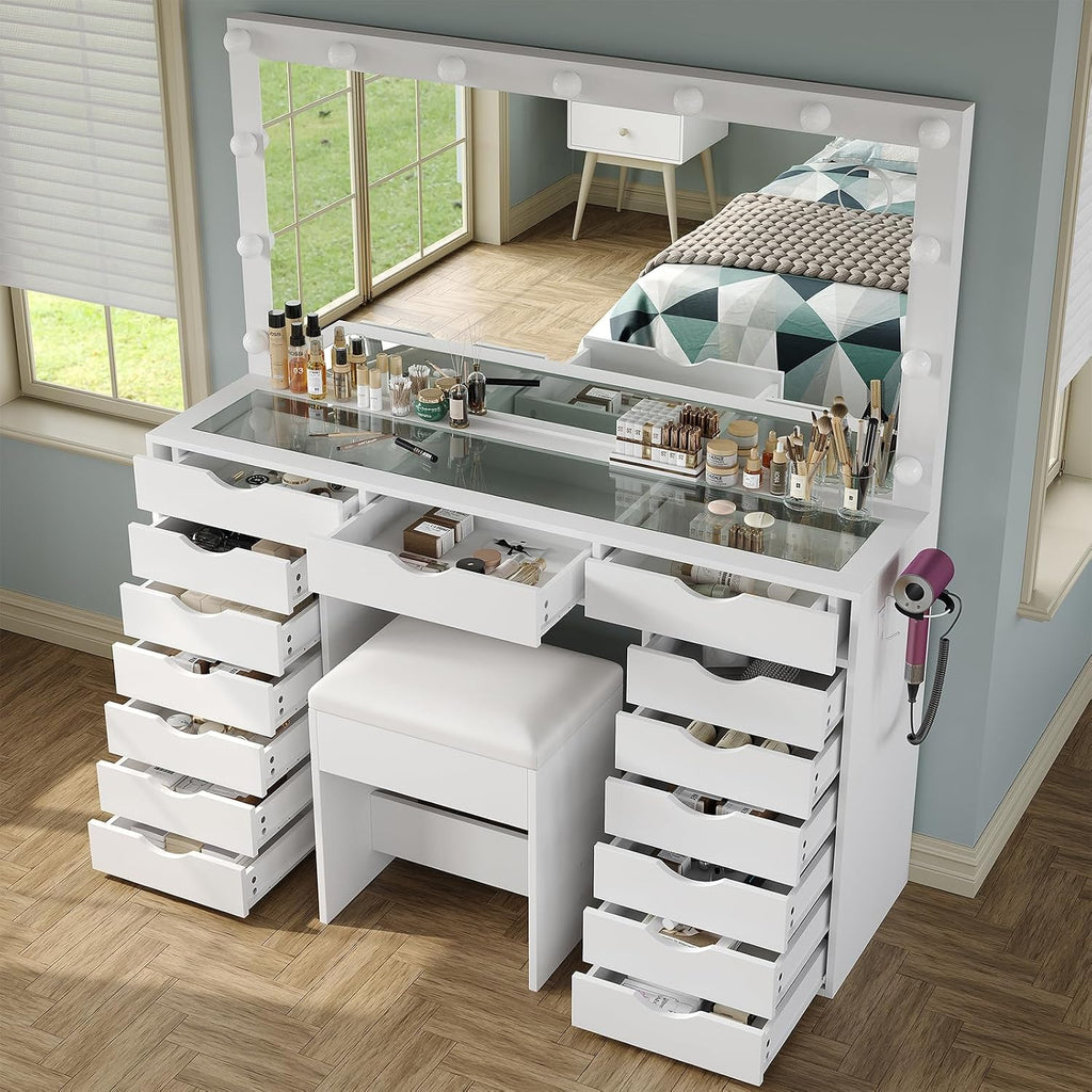 White Lighted Vanity Desk,15 Drawers, Charging Station