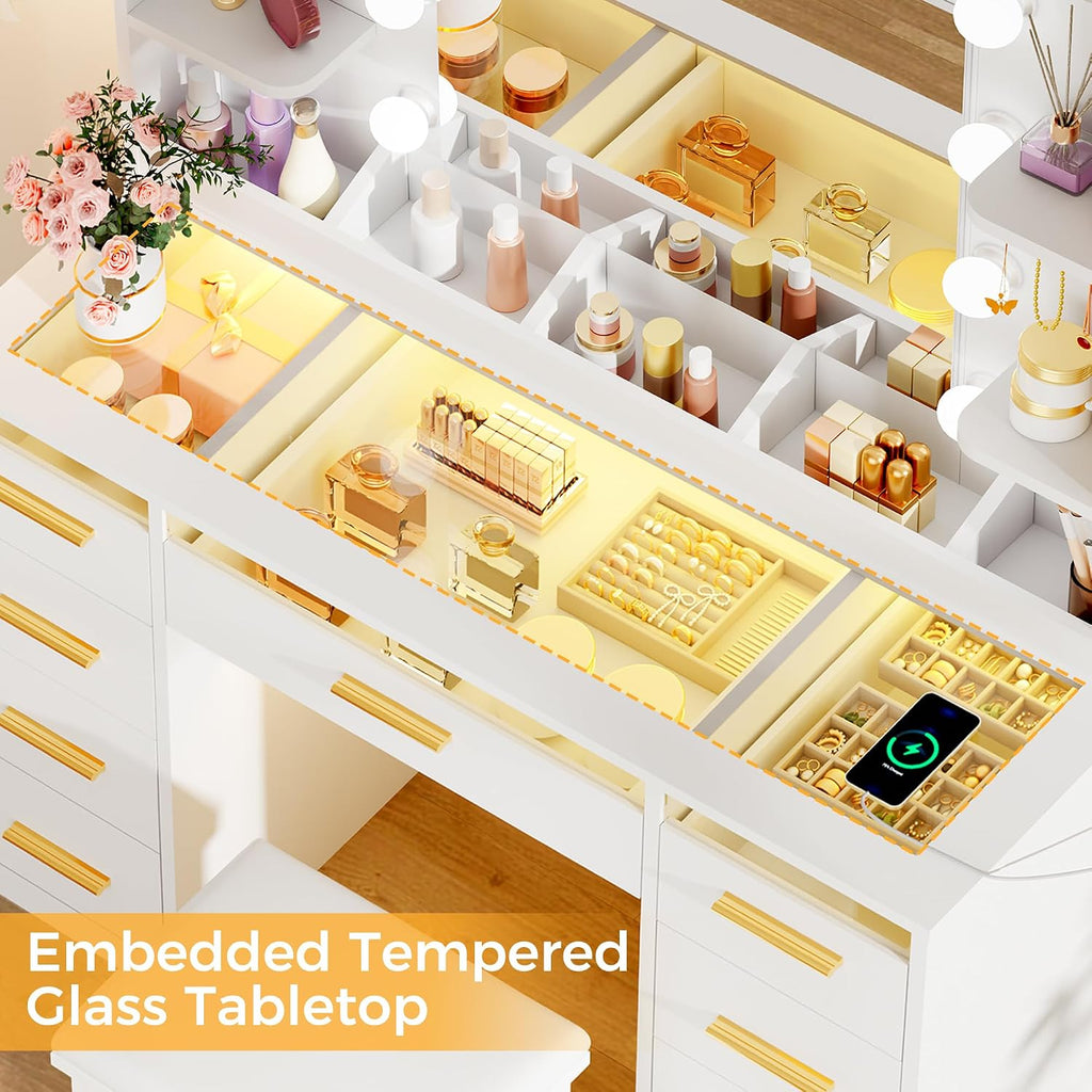Large Lighted Vanity Desk, Transparent Glass Top