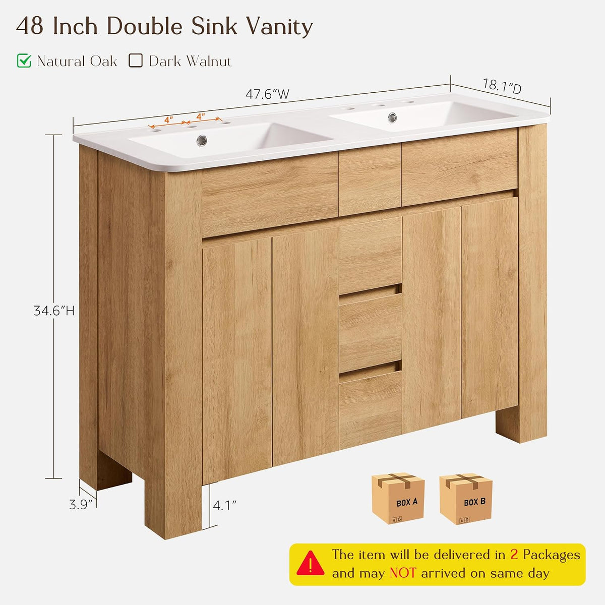 47.6" Natural Oak Modern Bathroom Vanity with Double Sink